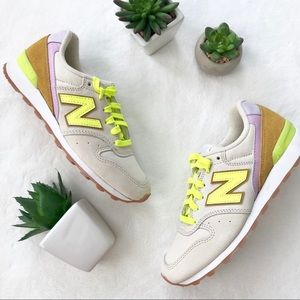 New Balance 696 beige and neon yellow sneakers
